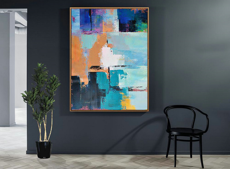 Vertical Palette Knife Contemporary Art,Large Wall Canvas,White,Earthy Yellow,Blue,Black,Lake Blue